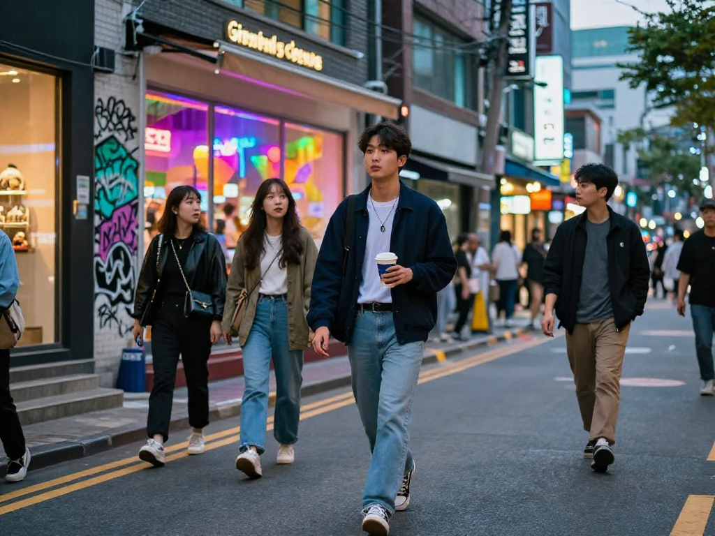 강남 달토의 현대적인 거리 풍경, 패셔너블한 젊은이와 친구들이 함께하며 활기찬 도시의 분위기를 나타냄