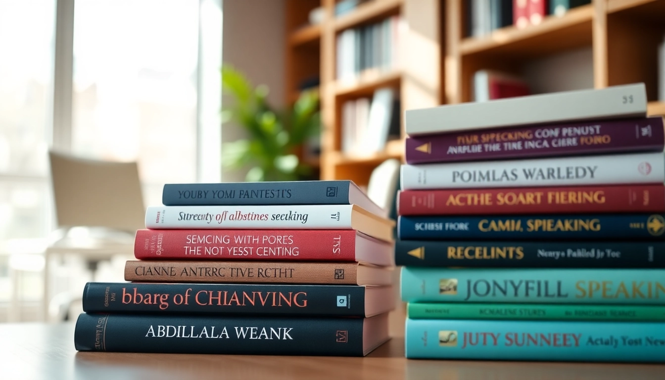 Showcasing the Best Public Speaking Books on a professionally styled bookshelf in a bright office.