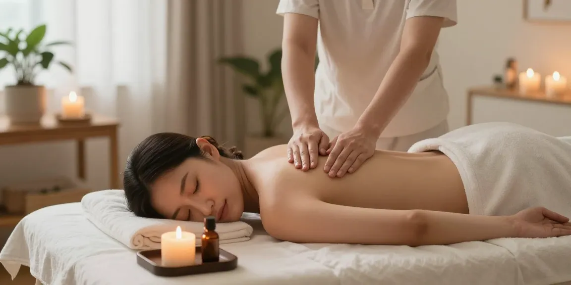 건대출장안마을 받는 모습과 아로마 오일, 부드러운 조명으로 편안한 분위기를 연출한 마사지 장면