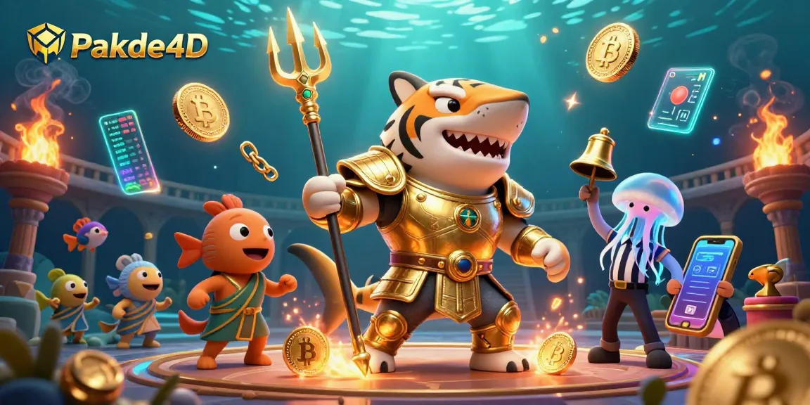Play roulette and slots at Pakde4D, showcasing vibrant underwater excitement with a tiger shark and jellyfish referee.