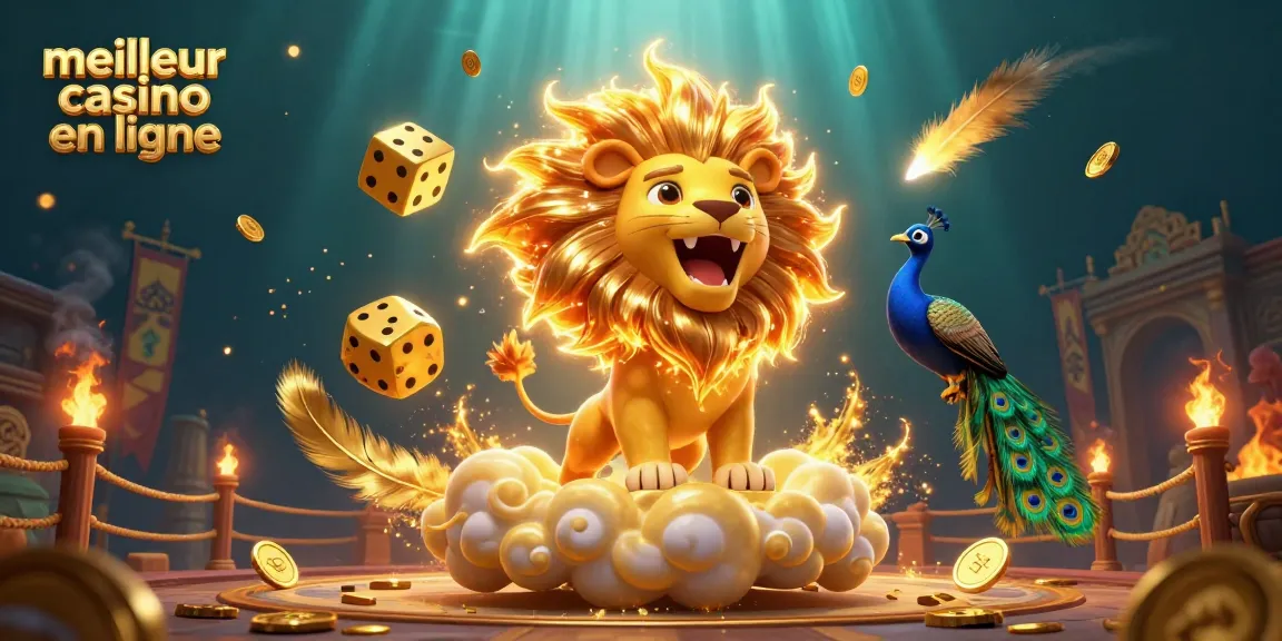 Venez découvrir le meilleur casino en ligne avec des éléments captivants tels qu'un lion éclatant et des dés dorés.