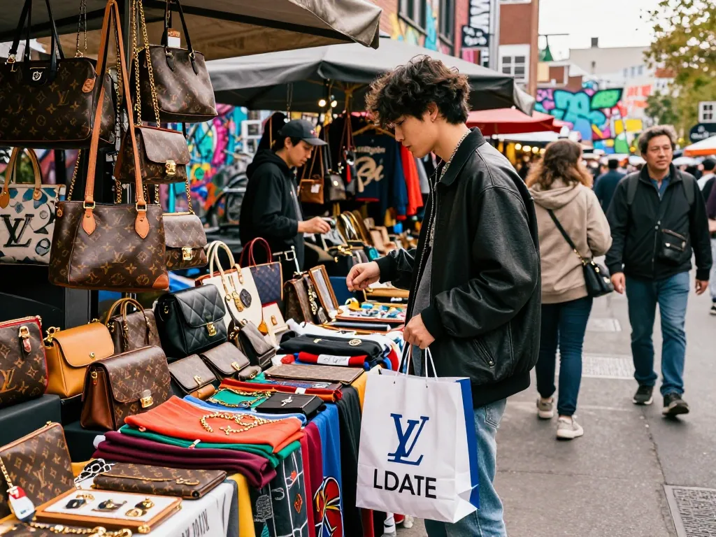 Shoppers exploring a vibrant 레플리카 쇼핑몰 marketplace filled with luxury replica products.