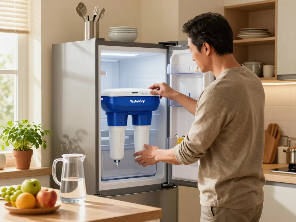 Man installing Waterdrop Maxblue EDR3RXD1 Replacement for 4396841 in modern kitchen with water filter essentials and fresh fruits.