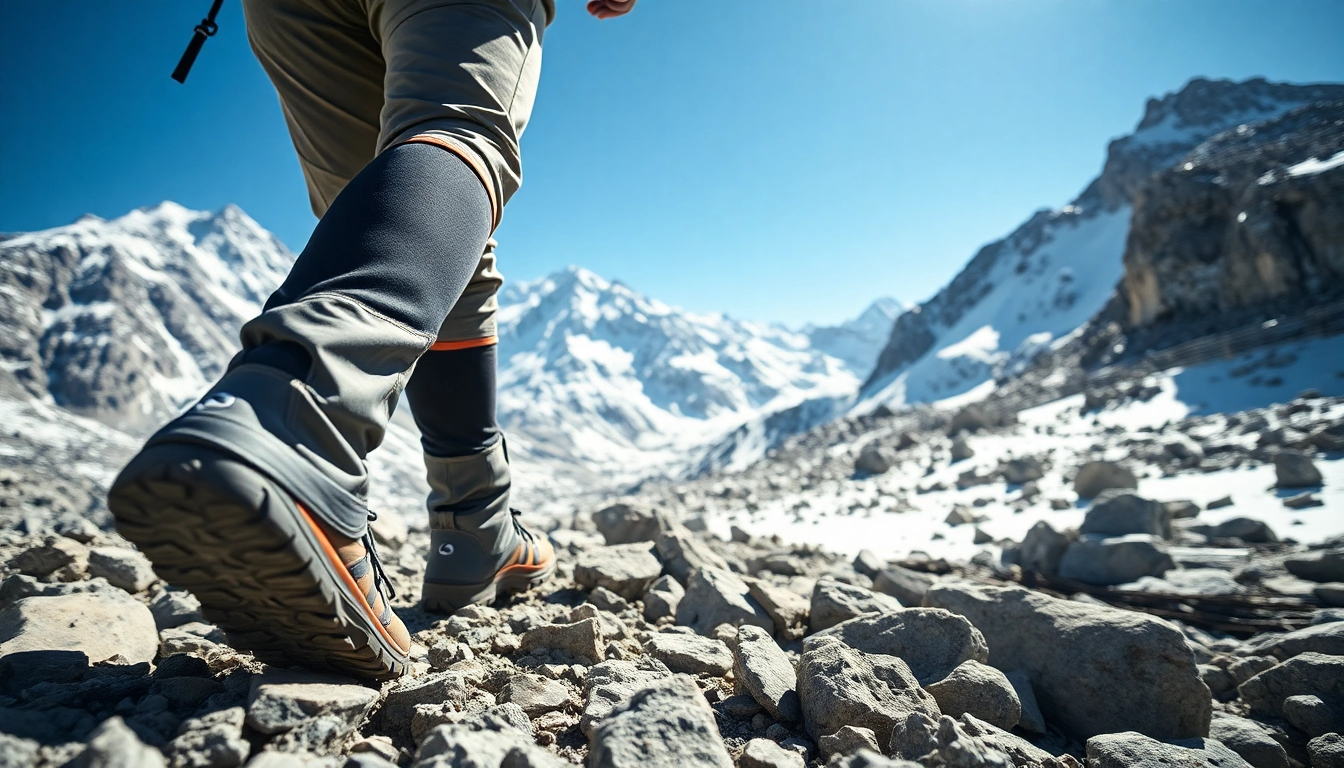 Hiker navigating snow and rocks, showcasing mountain gaiters for snow and rocks with rugged detail.
