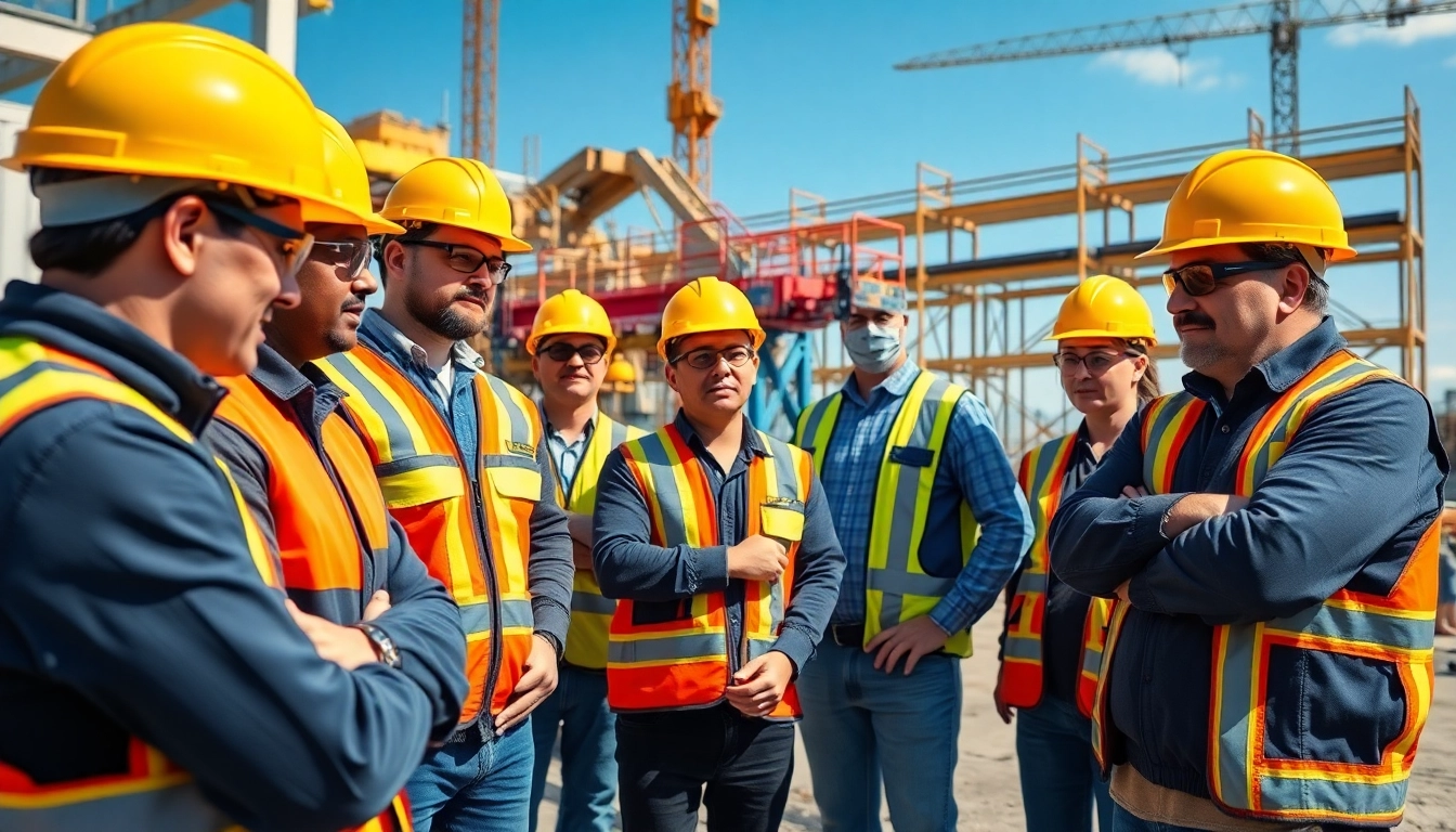 Engaging construction site safety training with workers focusing on safety practices.