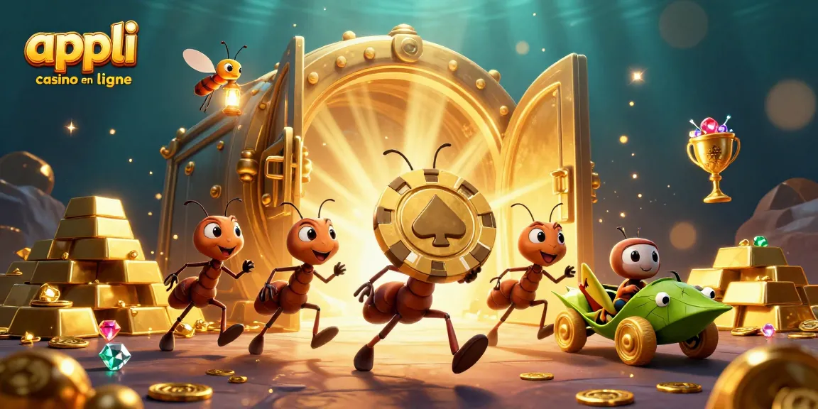 Appli casino en ligne : fourmis en pleine action pour voler un jeton doré avec éclats de trésor autour.