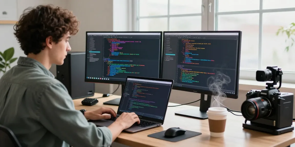 Engaging workspace with a programmer coding software using 纸飞机中文版 on dual monitors in a bright office.