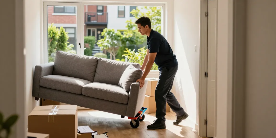Professional apartment movers in St. George, UT handle a large sectional sofa through a narrow hallway, ensuring a safe moving experience.