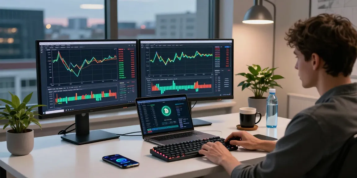 Sustainable bitcoin mining workspace featuring advanced digital screens and trading tools in a modern office