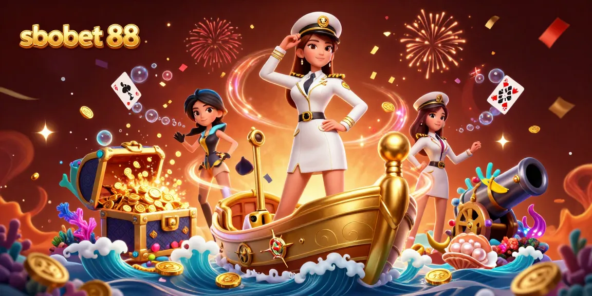 Engage with sbobet 88 and uncover treasures amidst gold coins and colorful gems in this vibrant scene.