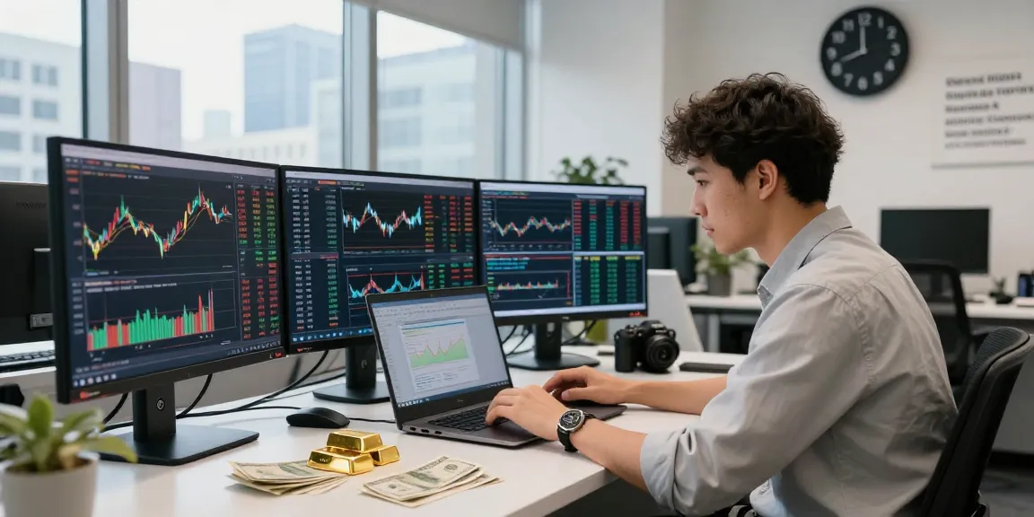 Gold price for today in Malaysia displayed on trading monitors in a financial office setting.