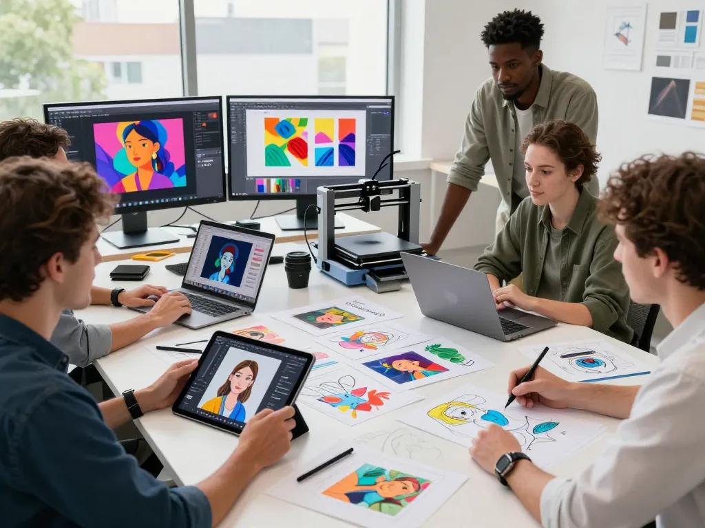 Dynamic art studio scene showcasing artists collaborating with the Nano Banana Pro for innovative designs.
