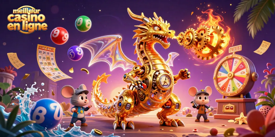 Explorez le meilleur casino en ligne avec une scène ludique mettant en avant un dragon et des éléments de loterie.