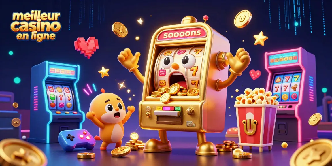 Illustration d'un meilleur casino en ligne avec une machine à sous en or, des jetons et des jeux colorés