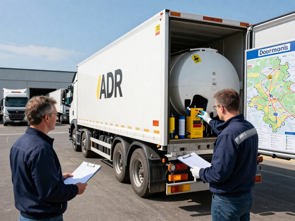 ADR Transport von Dortmund mit professionellem Fahrer und Sicherheitsausrüstung am Lkw.