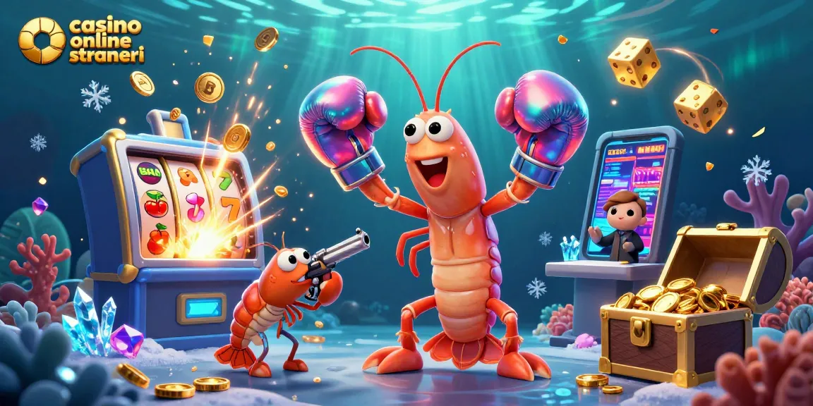 Interagisci con casino online stranieri attraverso un'illustrazione 3D vibrante che presenta un gambero mantide fortunato in un ambiente da casinò.