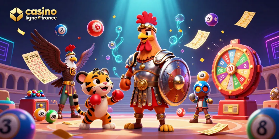 Illustration animée de casino en ligne France avec un coq gladiateur et un tigre, joueurs gagnants.
