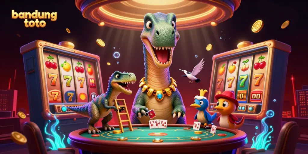Experience the excitement of bandung toto as a giant brontosaurus gazes down at a lively poker game.