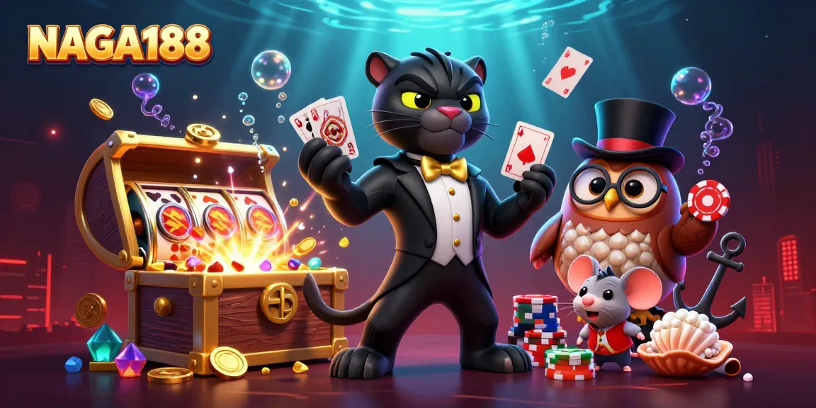 NAGA188 menghadirkan keseruan bermain kartu dengan panther elegan dan karakter lucu, dikelilingi elemen kasino yang menarik.