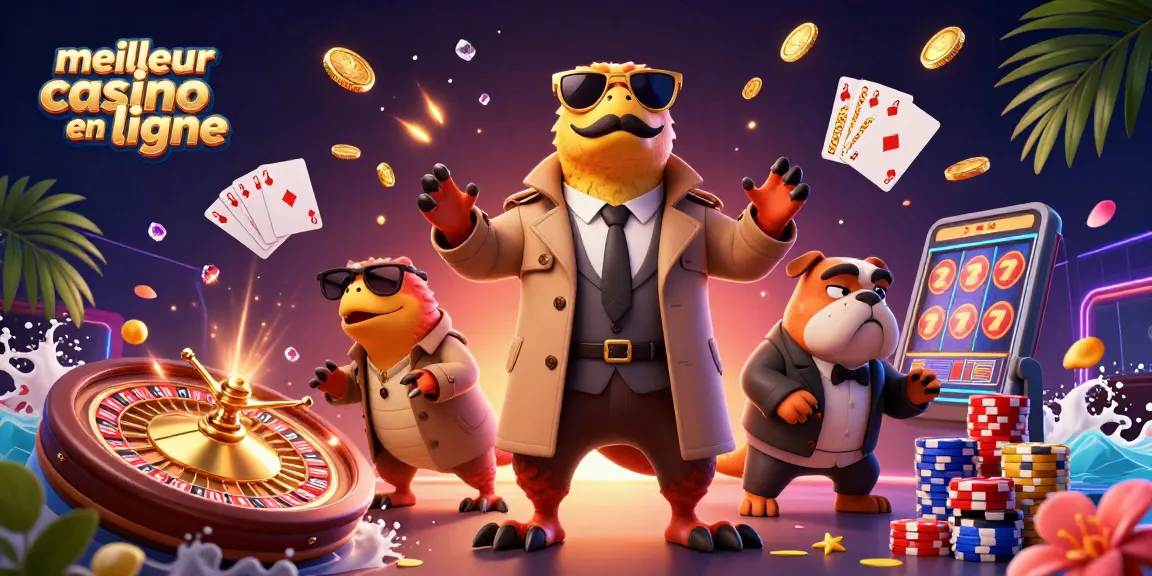 Illustration dynamique du meilleur casino en ligne avec des raptors en trench coat tentant d'entrer dans un lounge VIP.