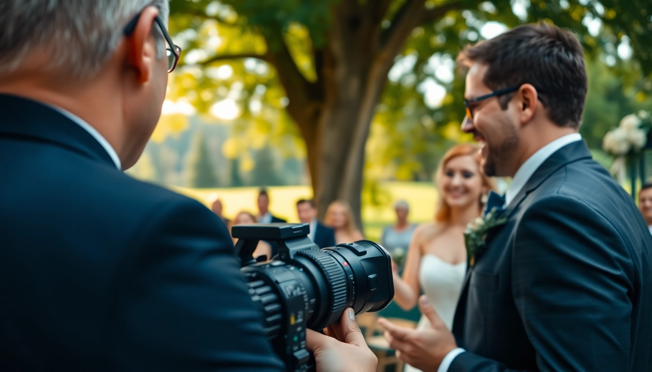 Edmonton videographer filming a wedding ceremony with natural lighting and vibrant atmosphere.
