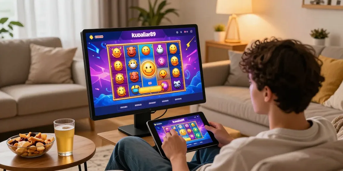 Pengalaman bermain slot online kudaliar89 yang menyenangkan dengan suasana santai di ruang tamu.