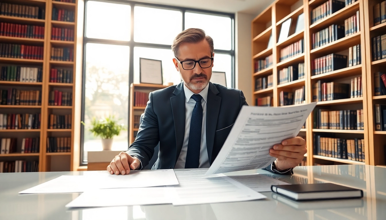 Professional intellectual property lawyer reviewing patents in a modern office environment.