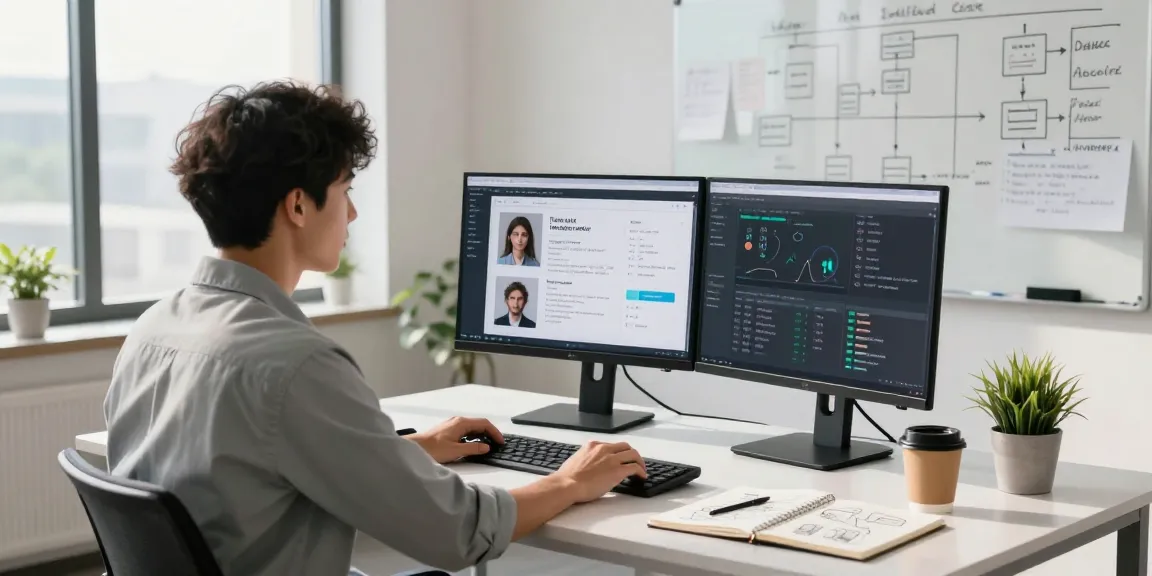 Professional workspace with a data scientist using a free AI detector for image analysis, showcasing dual monitors with results and statistics in a bright office.
