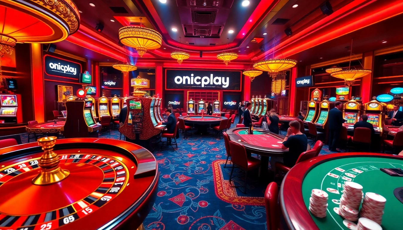 Engage with onicplay in a vibrant casino scene showcasing roulette and slot machines.