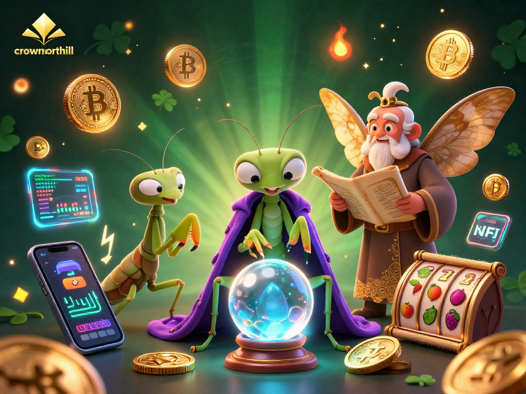 Crownnorthill showcases a vibrant 3D casino scene with a fortune teller and moth librarian, emphasizing bonus buy slots.