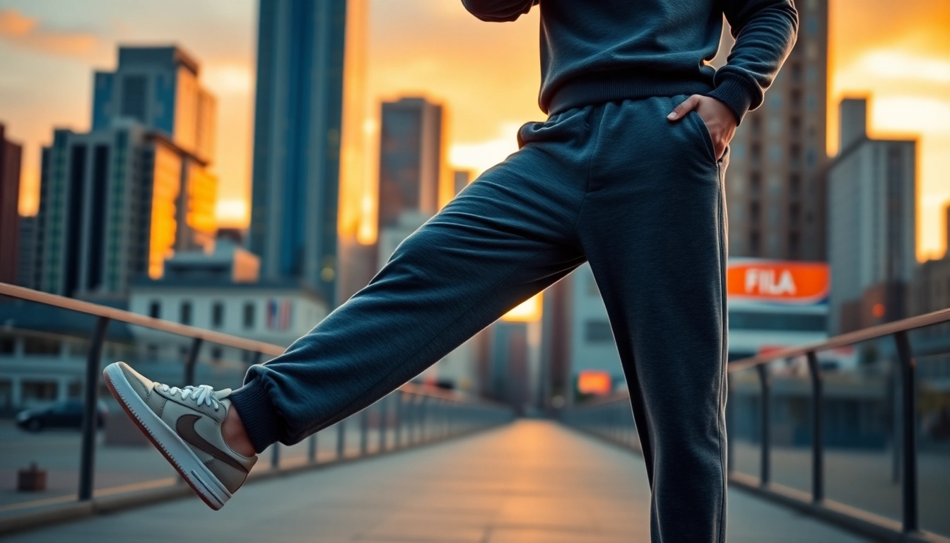 Model confidently showcasing french terry sweatpants against an urban backdrop.
