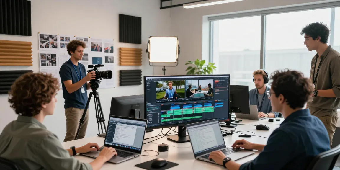 Creative team collaborating on corporate video production in a modern studio with editing equipment and mood boards.