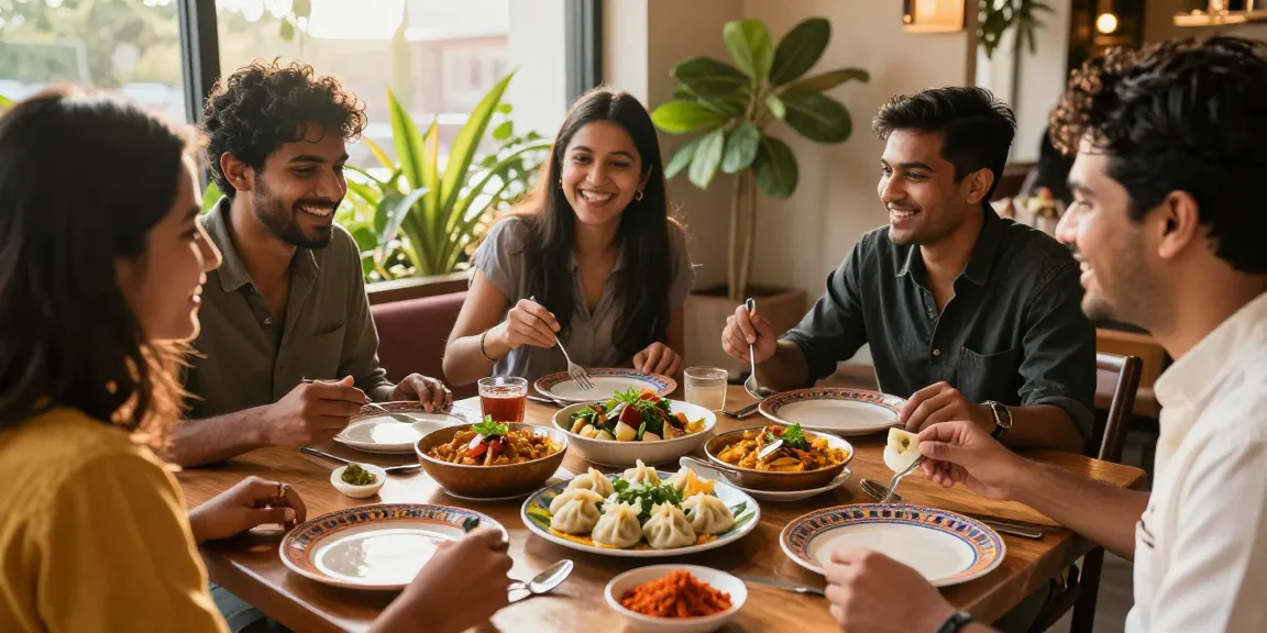 Enjoying authentic rokok88 curry and momo with friends in a vibrant dining atmosphere.