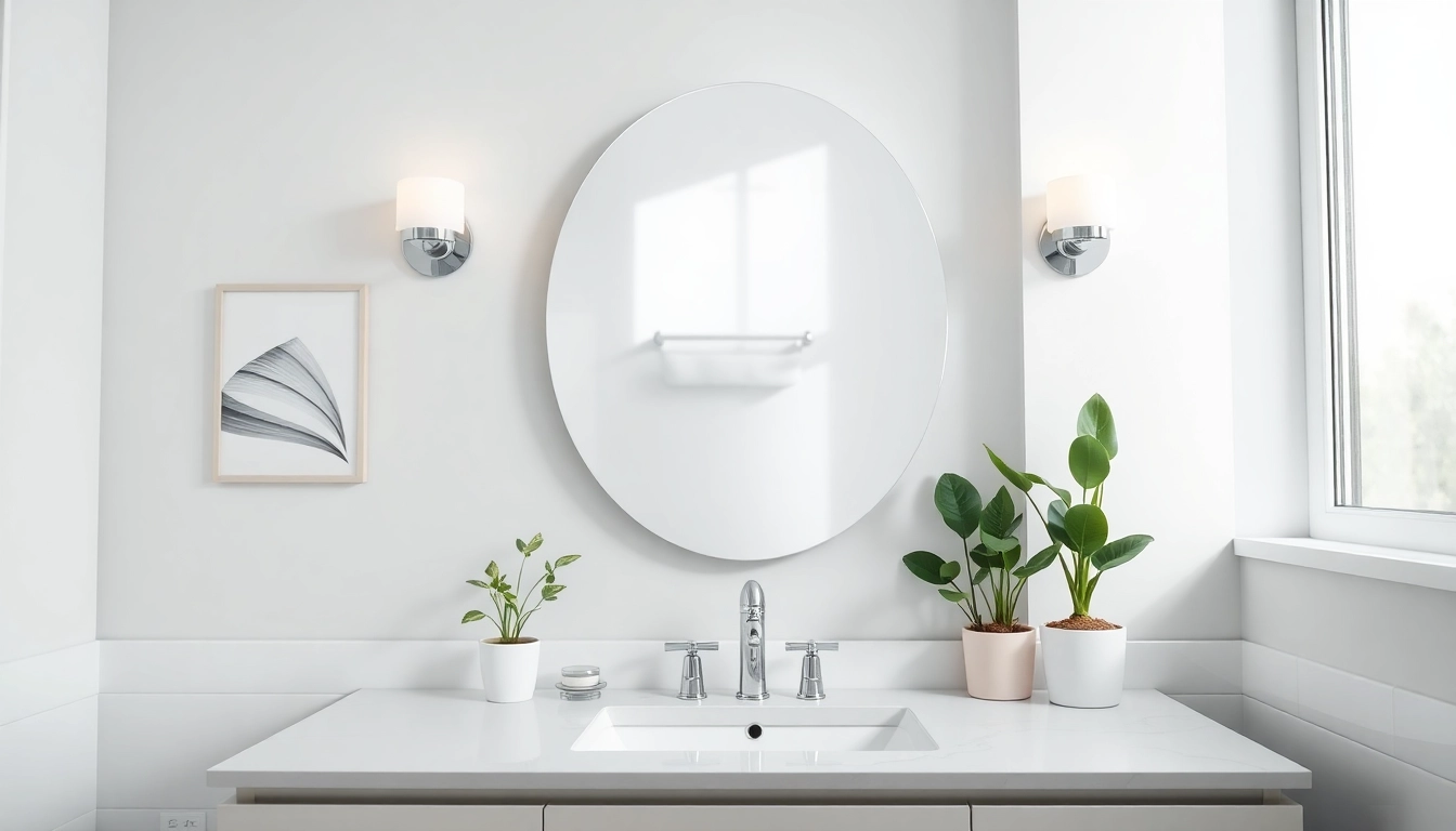 Illuminated mirror light mirror enhancing a modern bathroom ambiance with natural decor.