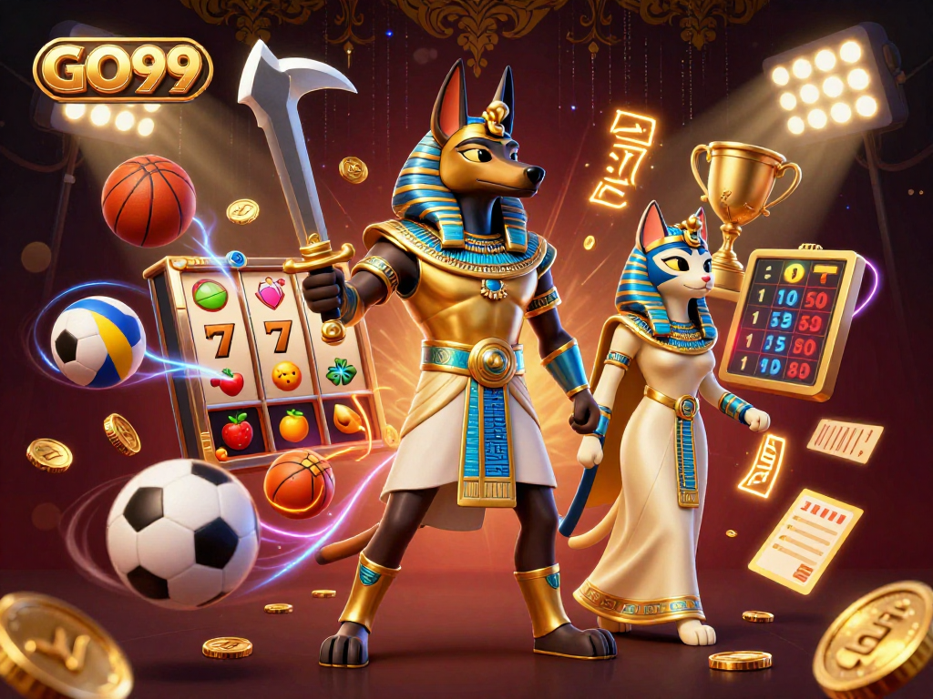 Experience GO99's vibrant casino scene with Anubis and Bastet, jackpot thrills await!
