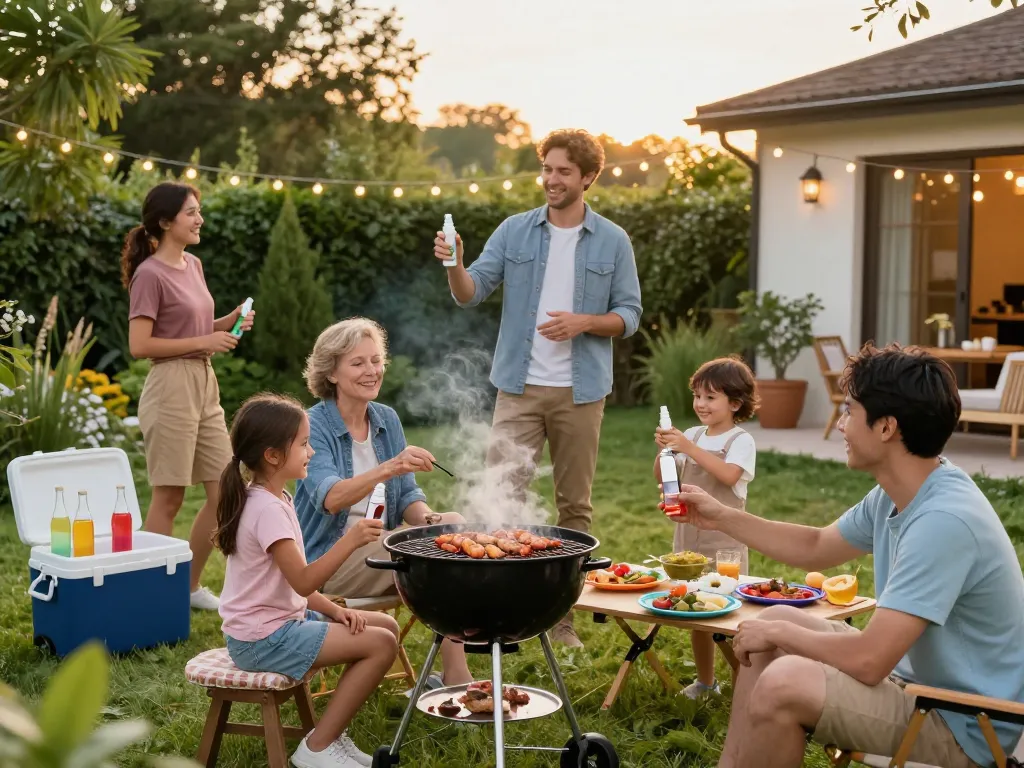 Family using mosquito repellent while enjoying a summer barbecue outdoors.