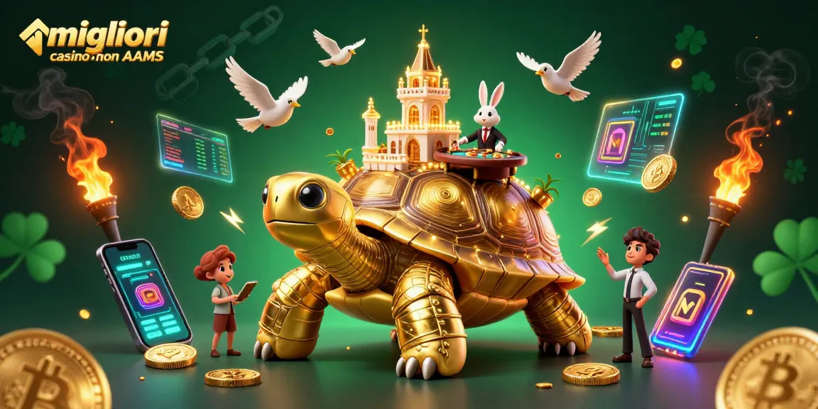 Migliori casino non AAMS: divertiti con il tortuga d'oro e il dealer di carte in un'illustrazione animata.