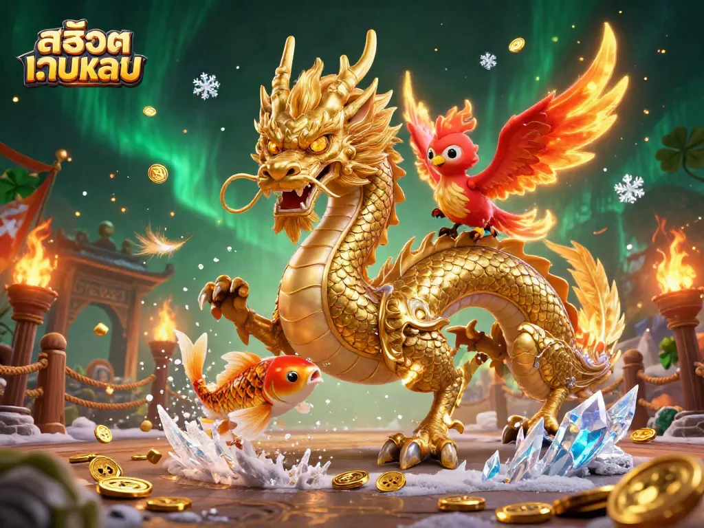 สนุกไปกับสล็อตเว็บตรง พร้อมมังกรทองและฟีนิกซ์ในภาพประกอบ 3D