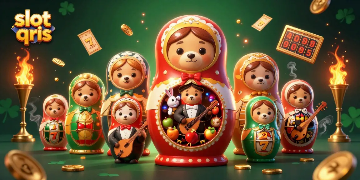 Slot qris menampilkan beruang Matryoshka 3D bermain di kasino dengan tema slot yang berwarna-warni.