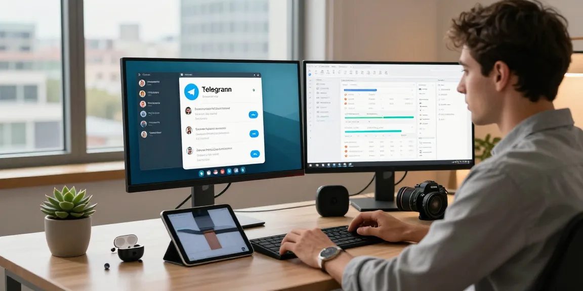 User engaged in video call using telegram中文版 on dual monitors in a modern workspace.