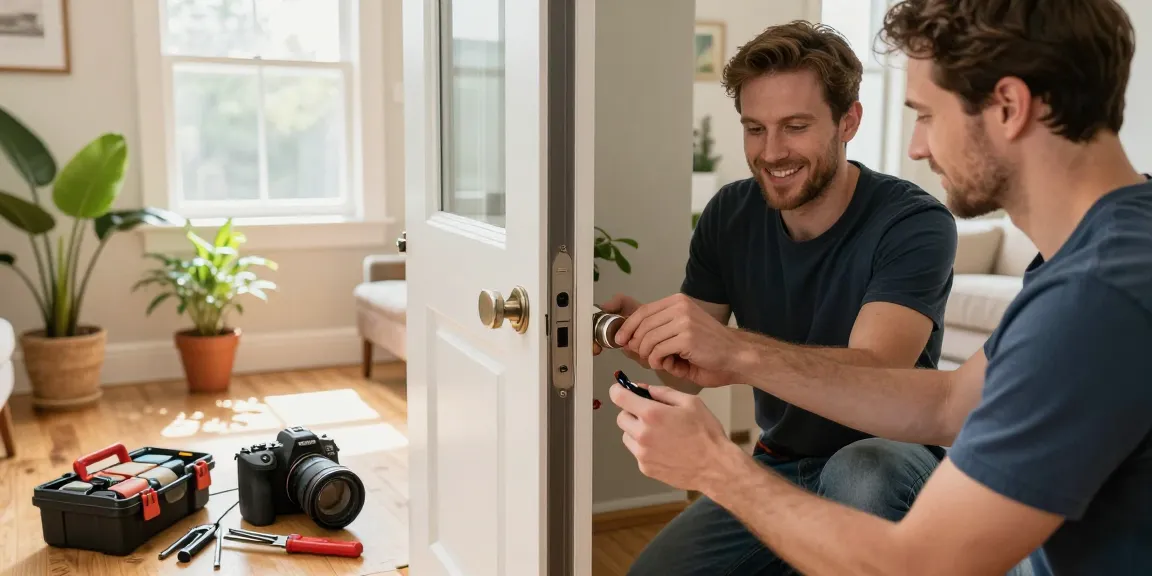 Professional locksmith installing a high-security lock in a bright residential home