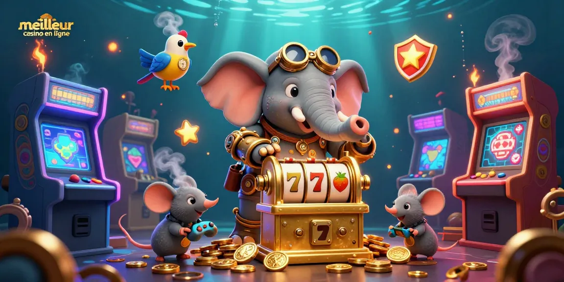 Action dynamique au meilleur casino en ligne illustrant un éléphant steampunk jouant aux machines à sous.