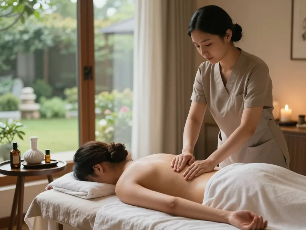Therapist providing soothing aroma massage at home, promoting maxim-anma.net services.