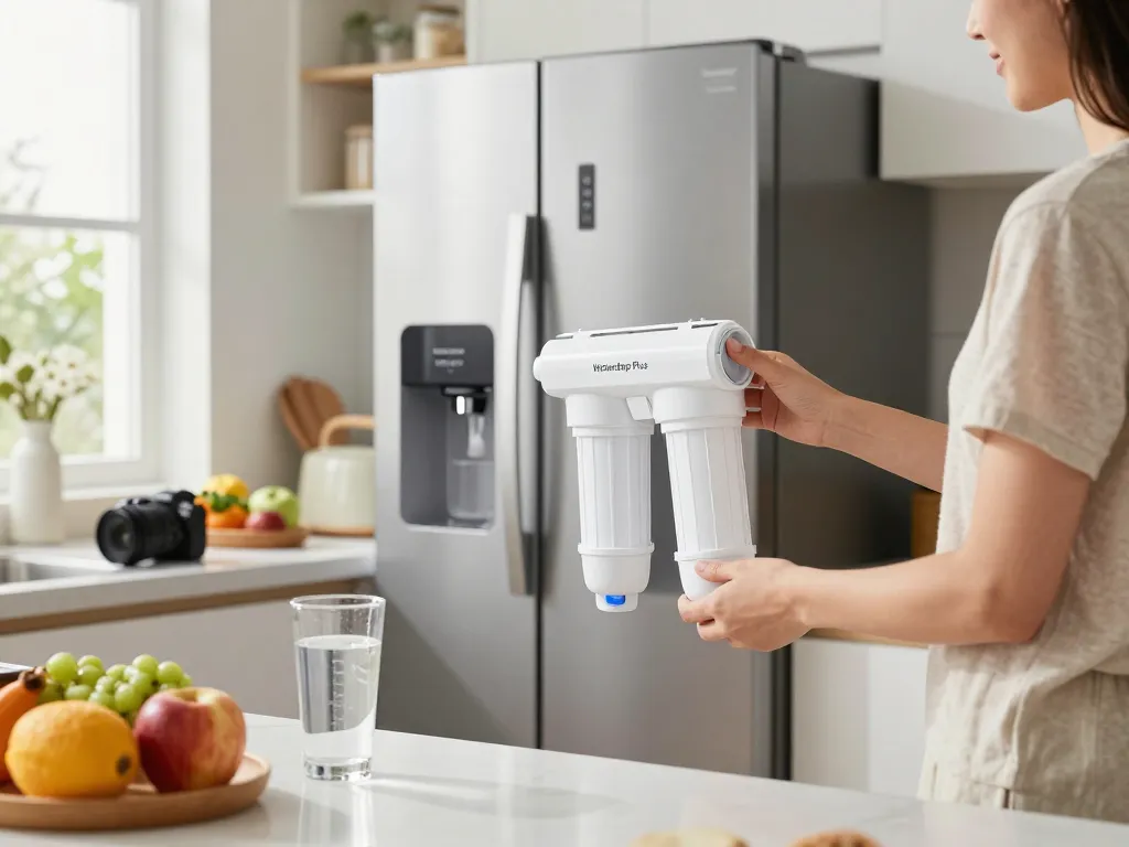 Waterdrop Plus 8171413 Refrigerator Water Filter replacement demonstrating a healthy kitchen environment.