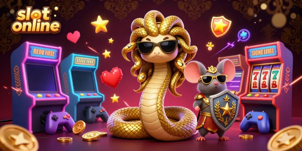 Engage with vibrant slot online action in a lively casino scene featuring Medusa and a warrior mouse.