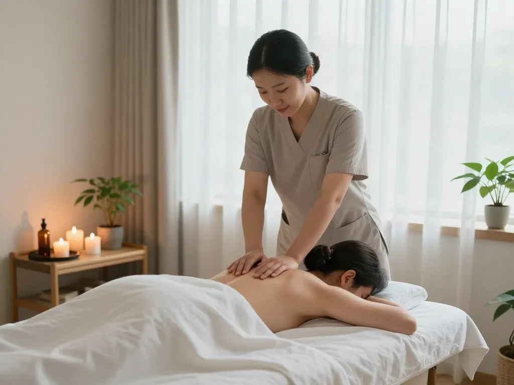 Relaxing 잠실출장마사지 therapy in a serene treatment room with soft lighting and calming ambiance.