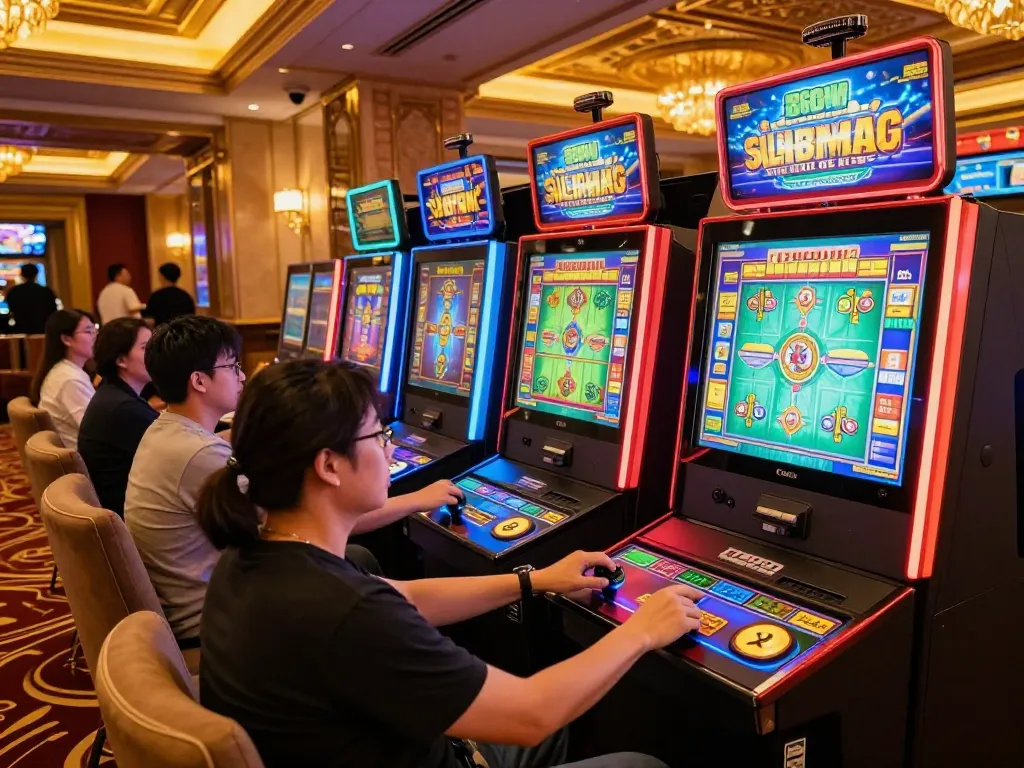 Players enjoying Mahjong Slot machines in an upscale casino, capturing the excitement of gameplay.