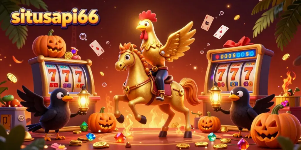 Experience the thrill of situsapi66 with a golden rooster in a vibrant casino scene.
