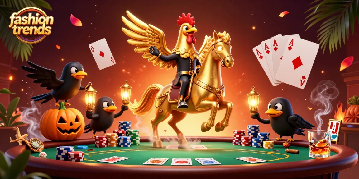 Experience fashion trends in a vibrant casino setting with a golden rooster character and poker elements.