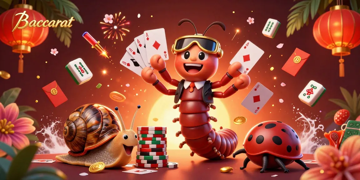 Baccarat game illustration featuring a millipede dealer and high-roller characters for an engaging casino scene.